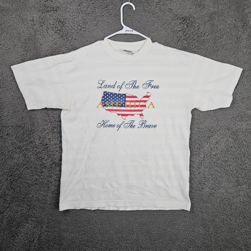 Intex‎ Heavyweight Mens Large White Textured Stripe USA Flag Graphic T-Shirt L